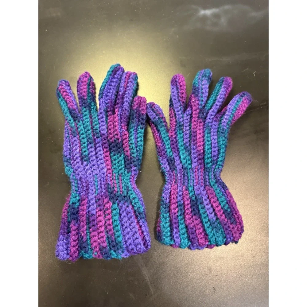 Purple with‎ green pink stripe winter knit home Gloves Handmade